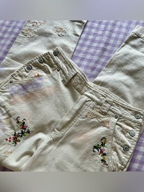 free people cream w floral embroidery & patchwork carpenter jeans / sz 28
